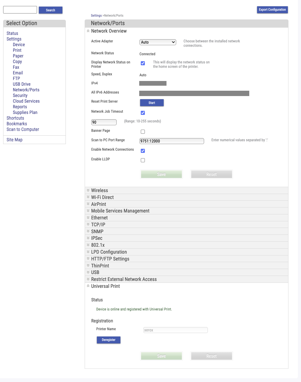 The Xerox web interface showing a successful Universal Print registration. Network addresses have been redacted.