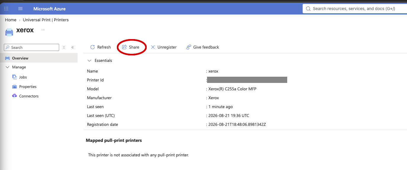 The Share button on the registered Universal Print printer.