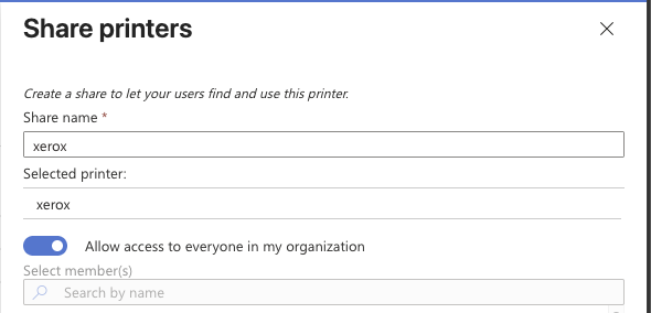 Creating a printer share and allowing access for the organization.