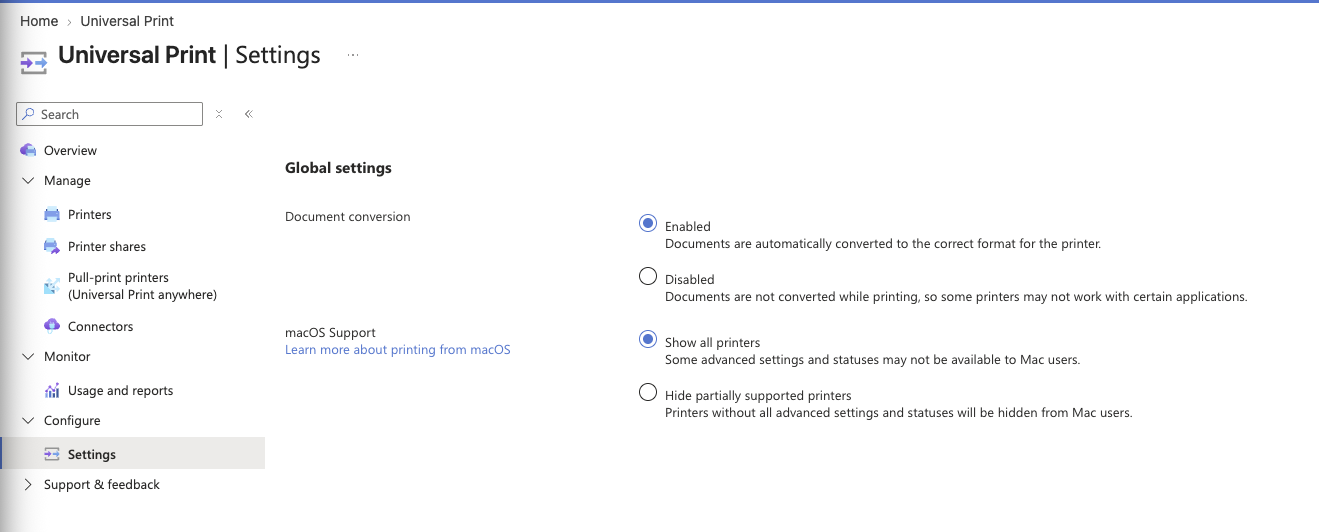 Universal Print tenant settings for document conversion and macOS printer visibility.